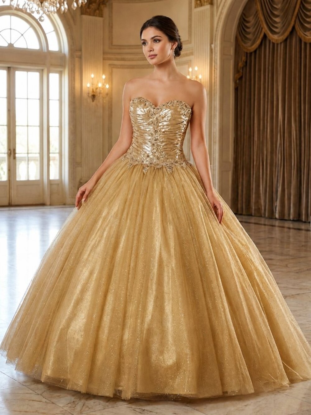 Stunning Gold Prom-Quinceañera Dress - Strapless Elegant Ball Gown